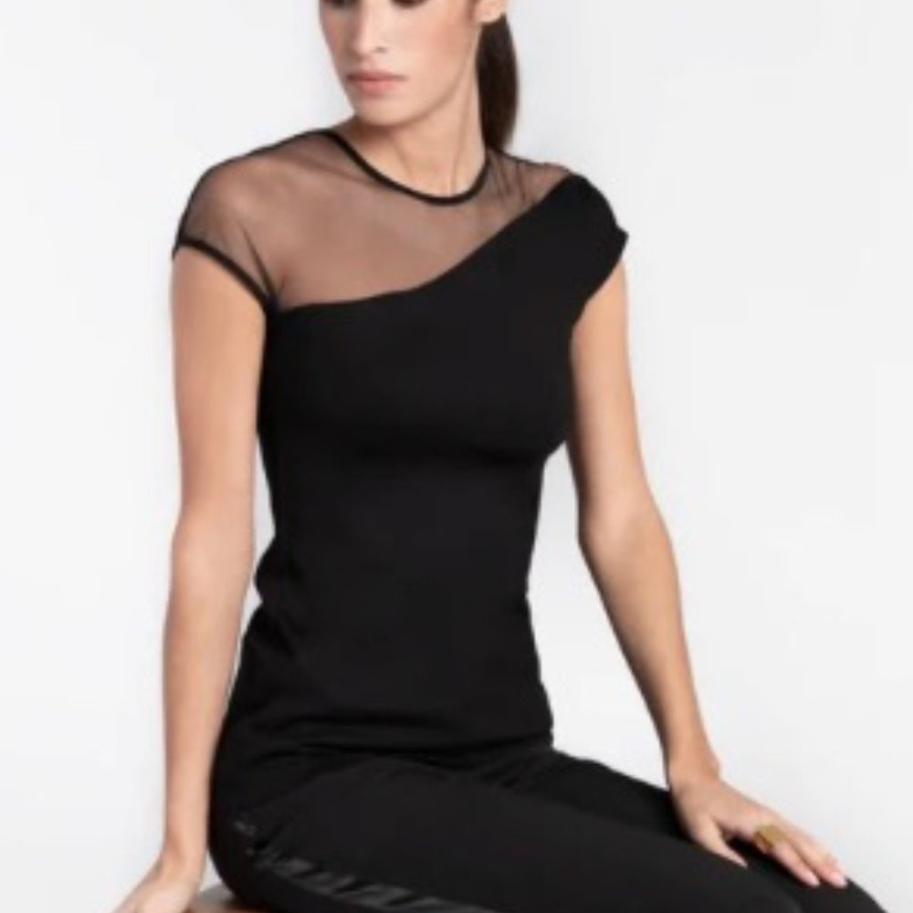 Marcella New York Florence Top Mesh Black Asymmetrical Sleeveless Top Size L